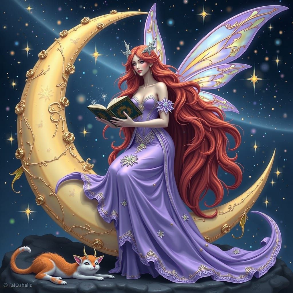 Fairy on Crescent Moon with Sleeping Cat