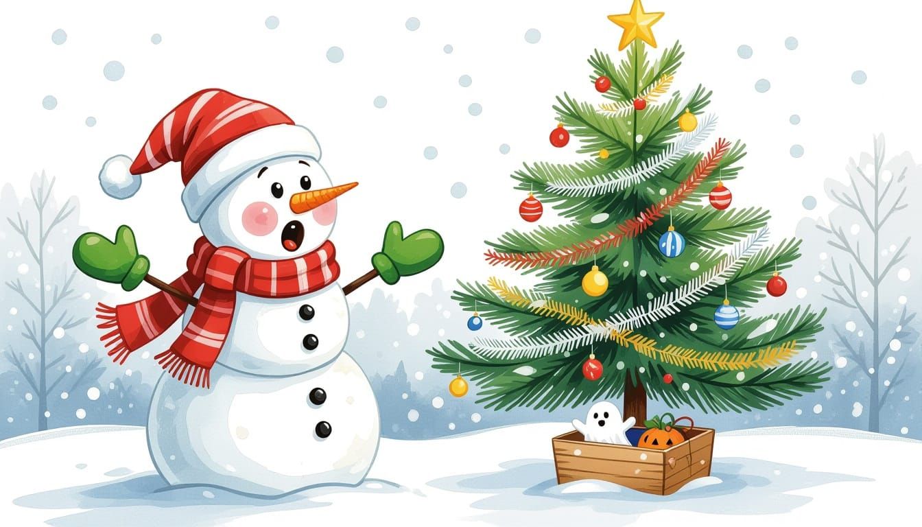 Surprised Snowman Beside Decorated Christmas Tree in Gouache...