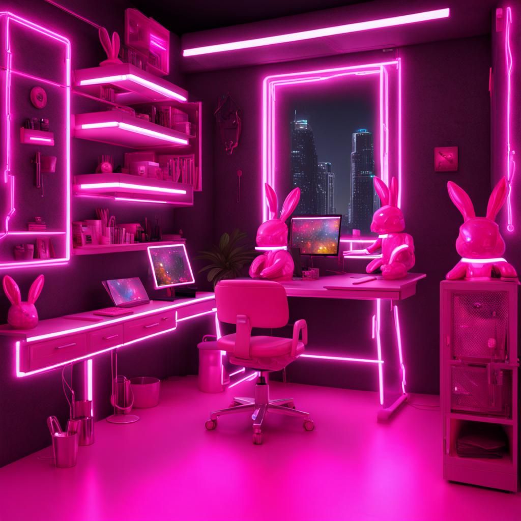 Cyber Bunny Bot Home in Neon Style