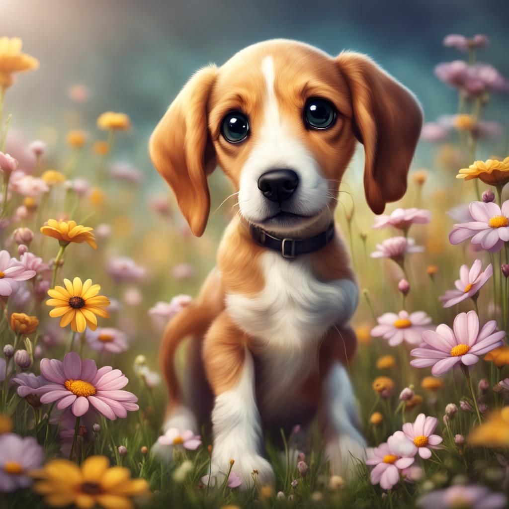 Chibi Hound Puppy in Spring Meadow