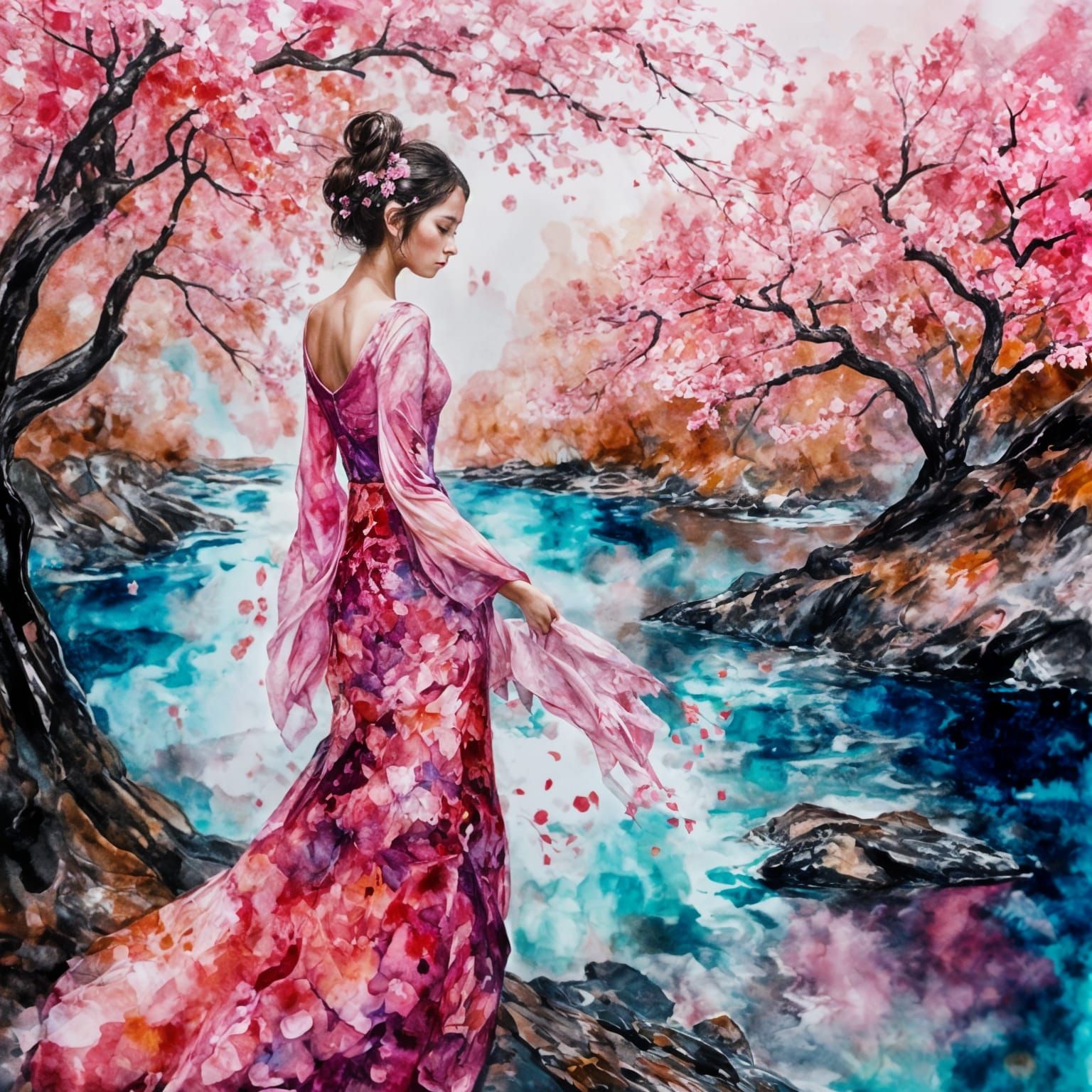 Cherry Blossom Woman: Alcohol Ink Art Portrait