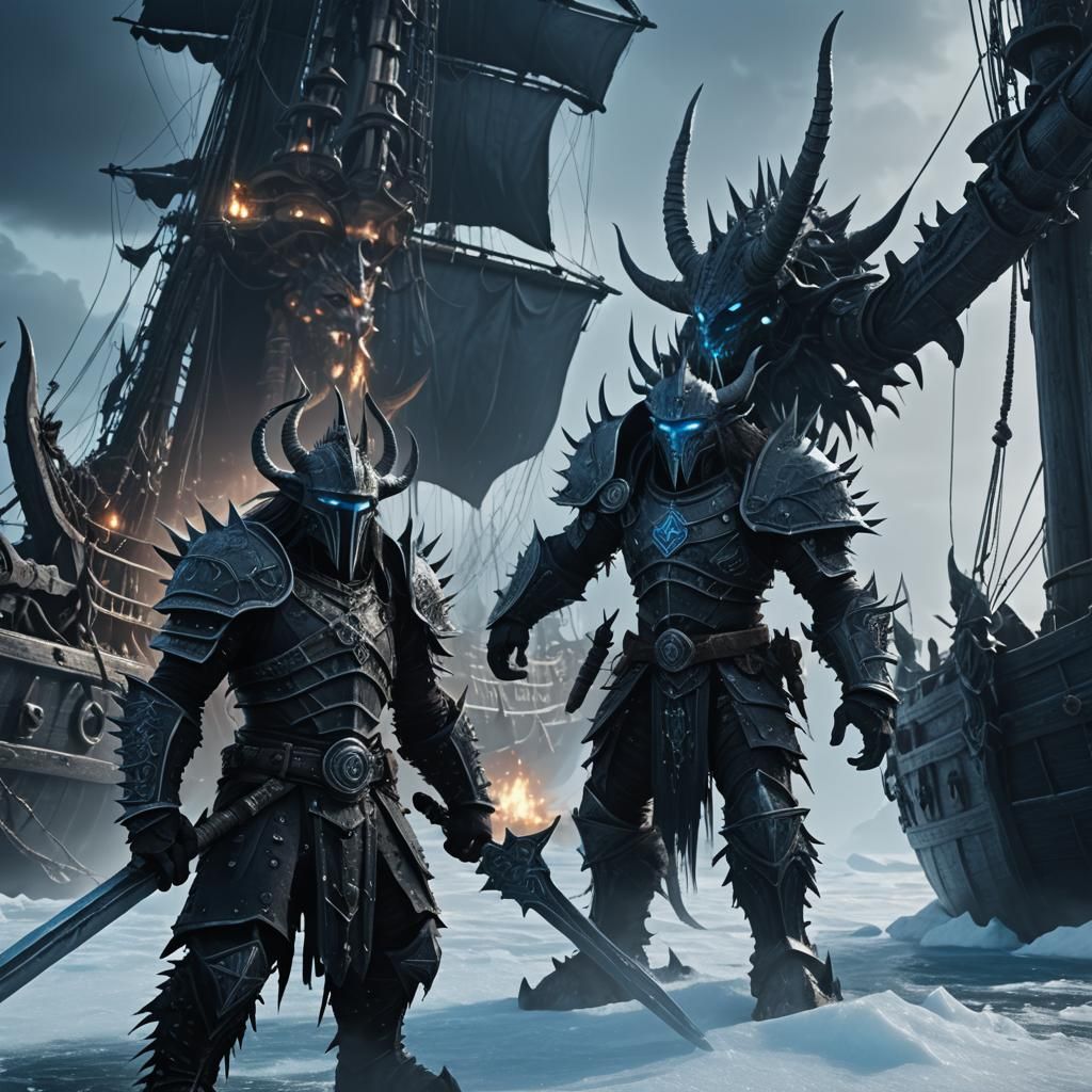 Icy Troll Warrior on Ancient Ship, Dark Fantasy Art
