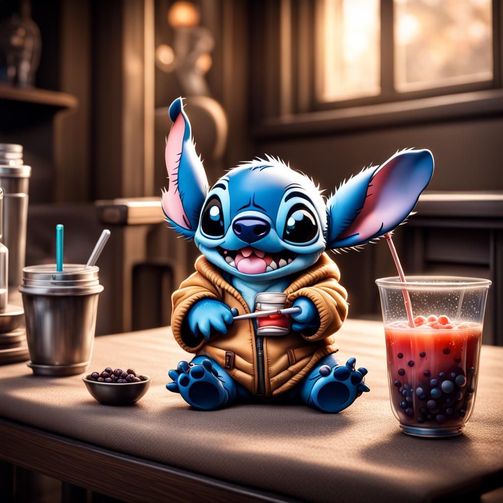 Stitch Sipping Boba: Hyperrealistic 64MP Render
