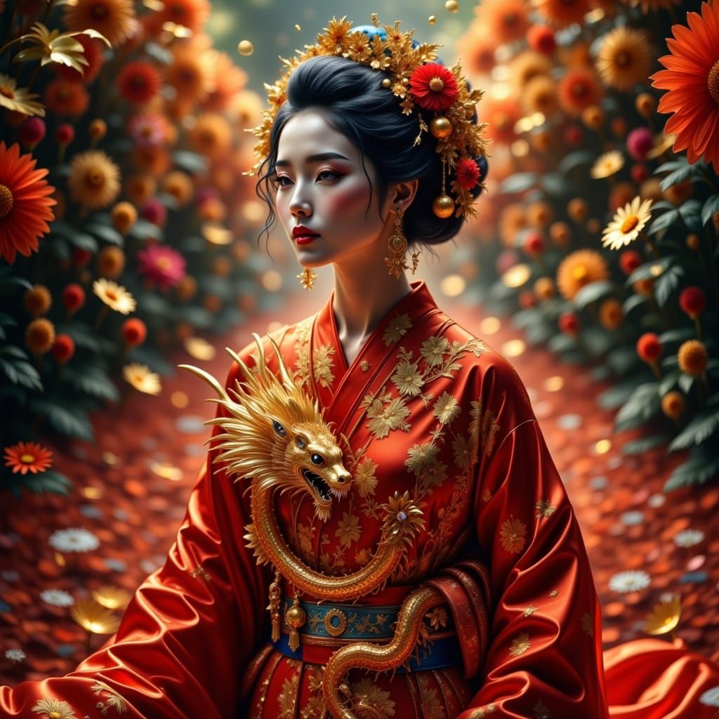 Luxurious Geisha in a Red Kimono, Golden Dragon Embroidery, ...
