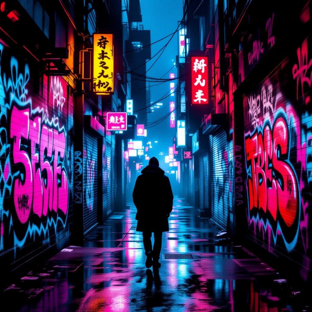 Gritty Neon Alleyway Art in Poster Style