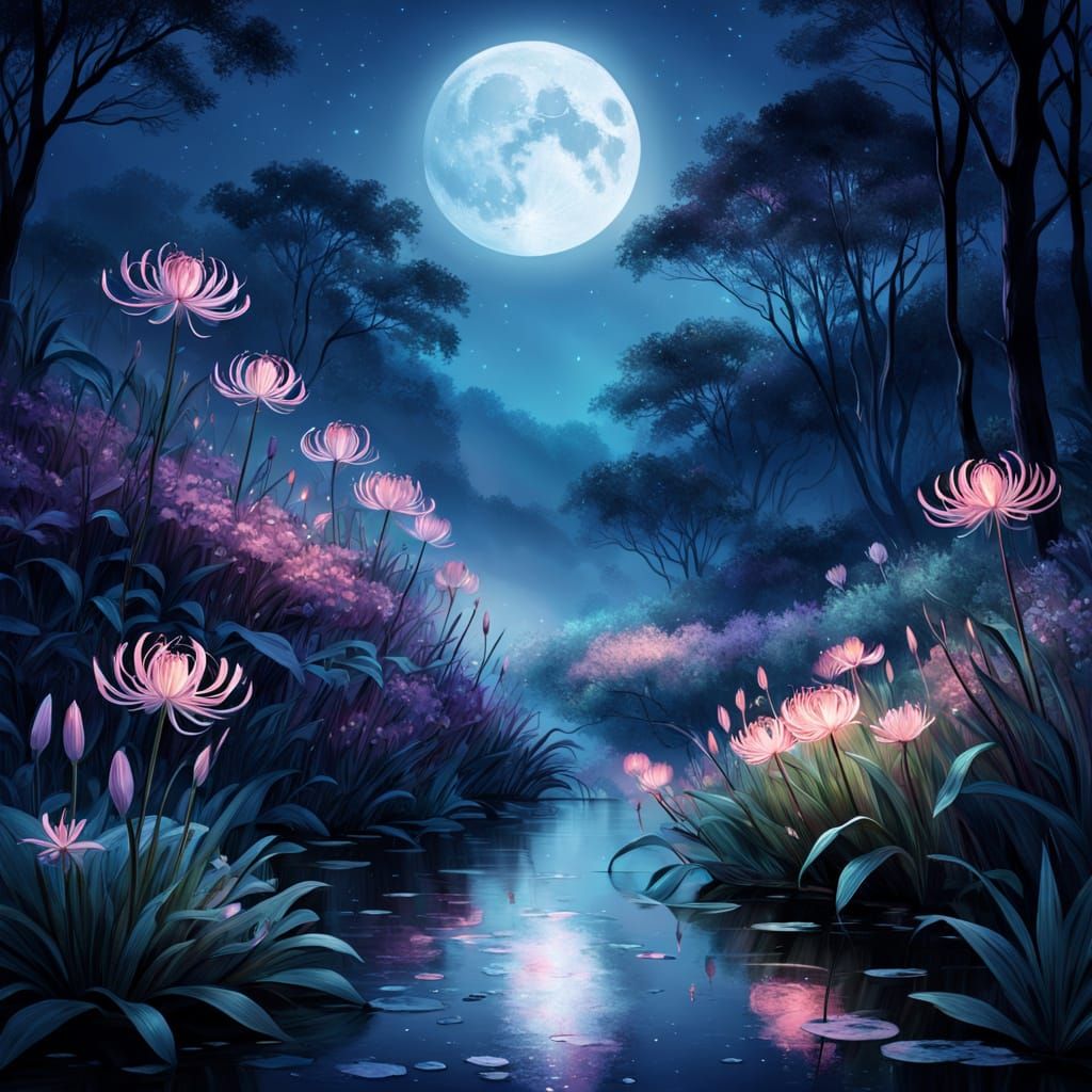 Surreal Nocturnal Riverbank with Lycoris Radiata Flowers in ...