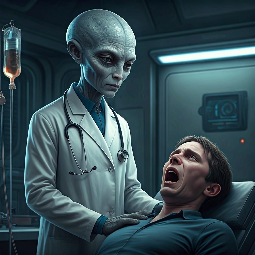 Alien Doctor Examines Patient in Futuristic Lab
