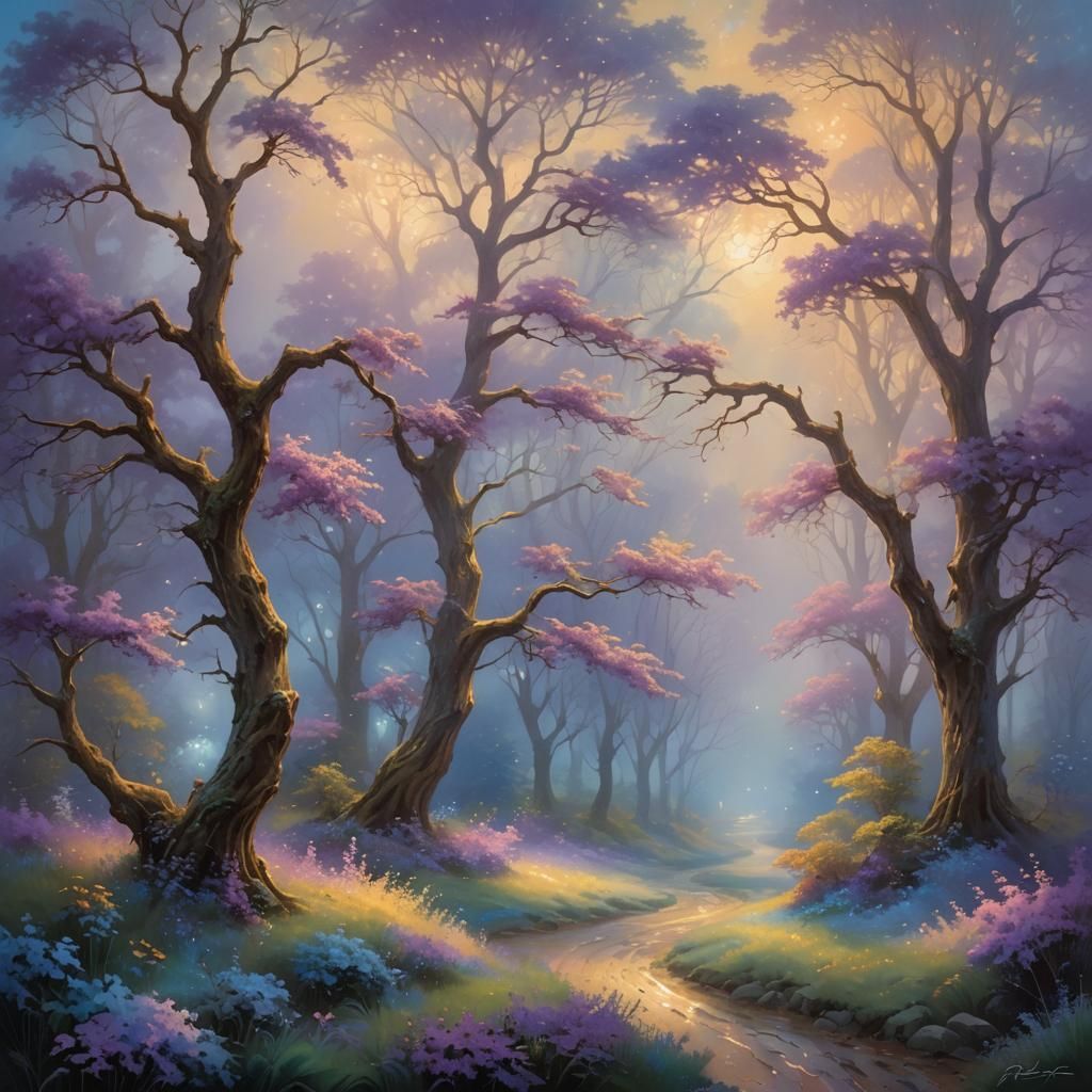 Ethereal Mist and Trees in Golden Light