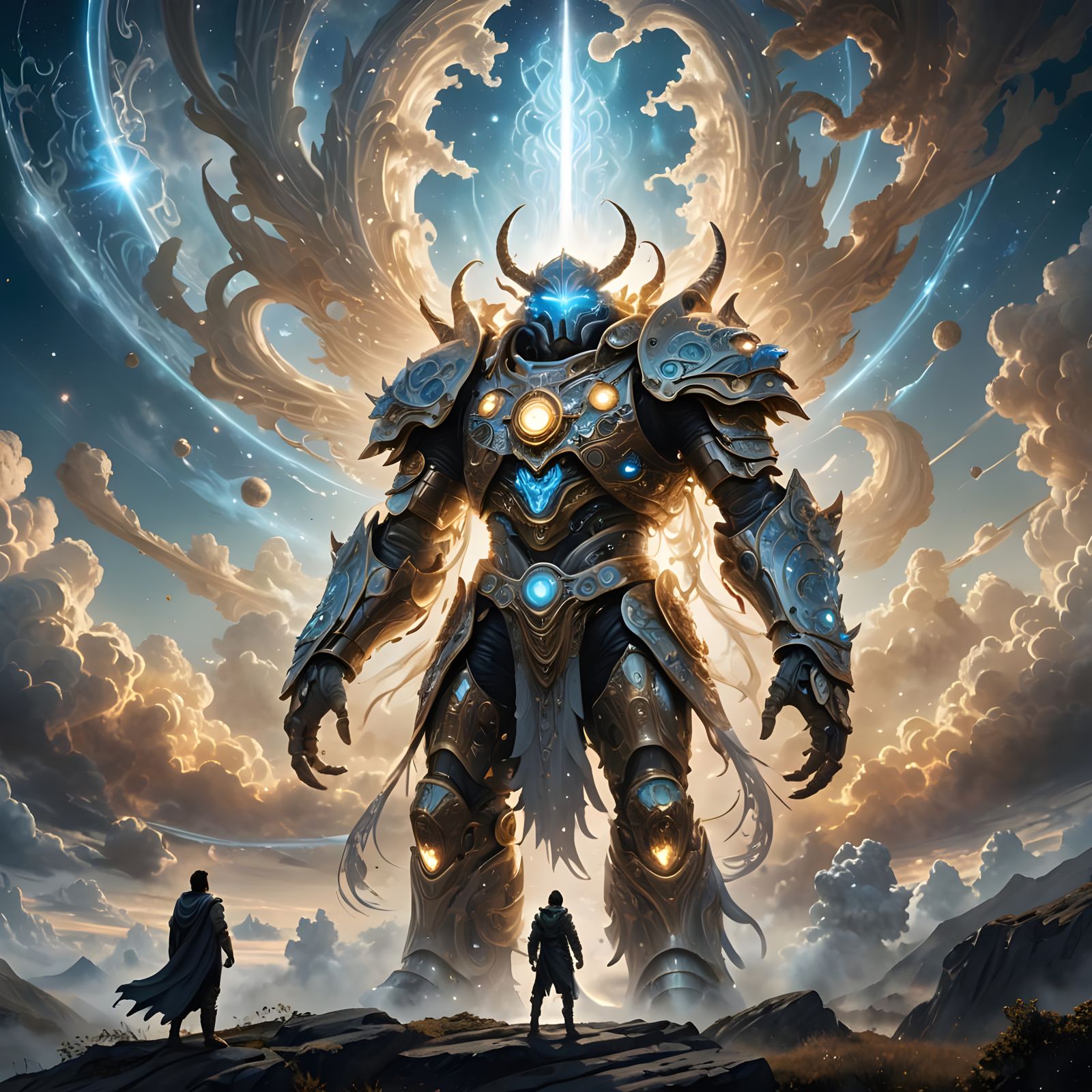 Luminous Armored Creature in Divine Sky Scene
