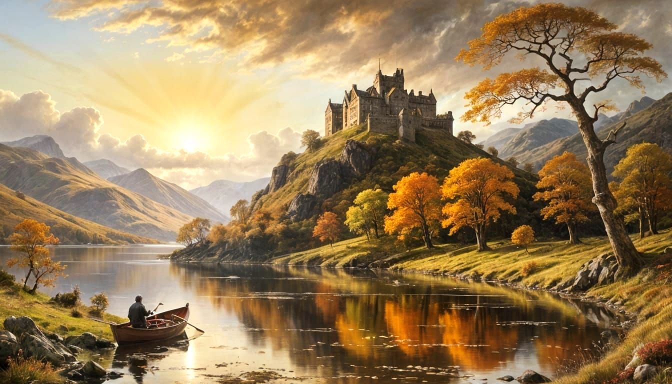 Man Rowing Boat Across Scottish Loch in Autumn Oil Painting
