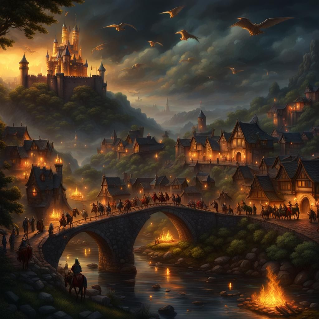 Medieval Village with Castle: Dark Fantasy Concept Art