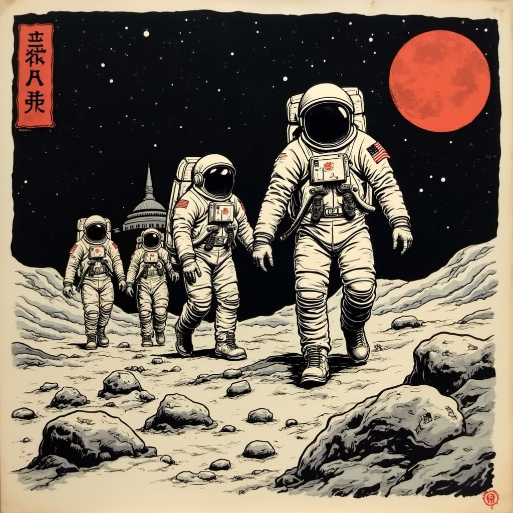 Astronauts in Traditional Japanese Tattoo Style Walking on t...