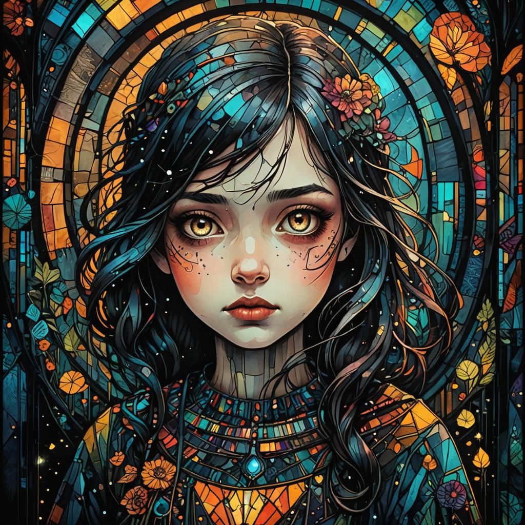 Vintage Stained Glass Girl Portrait
