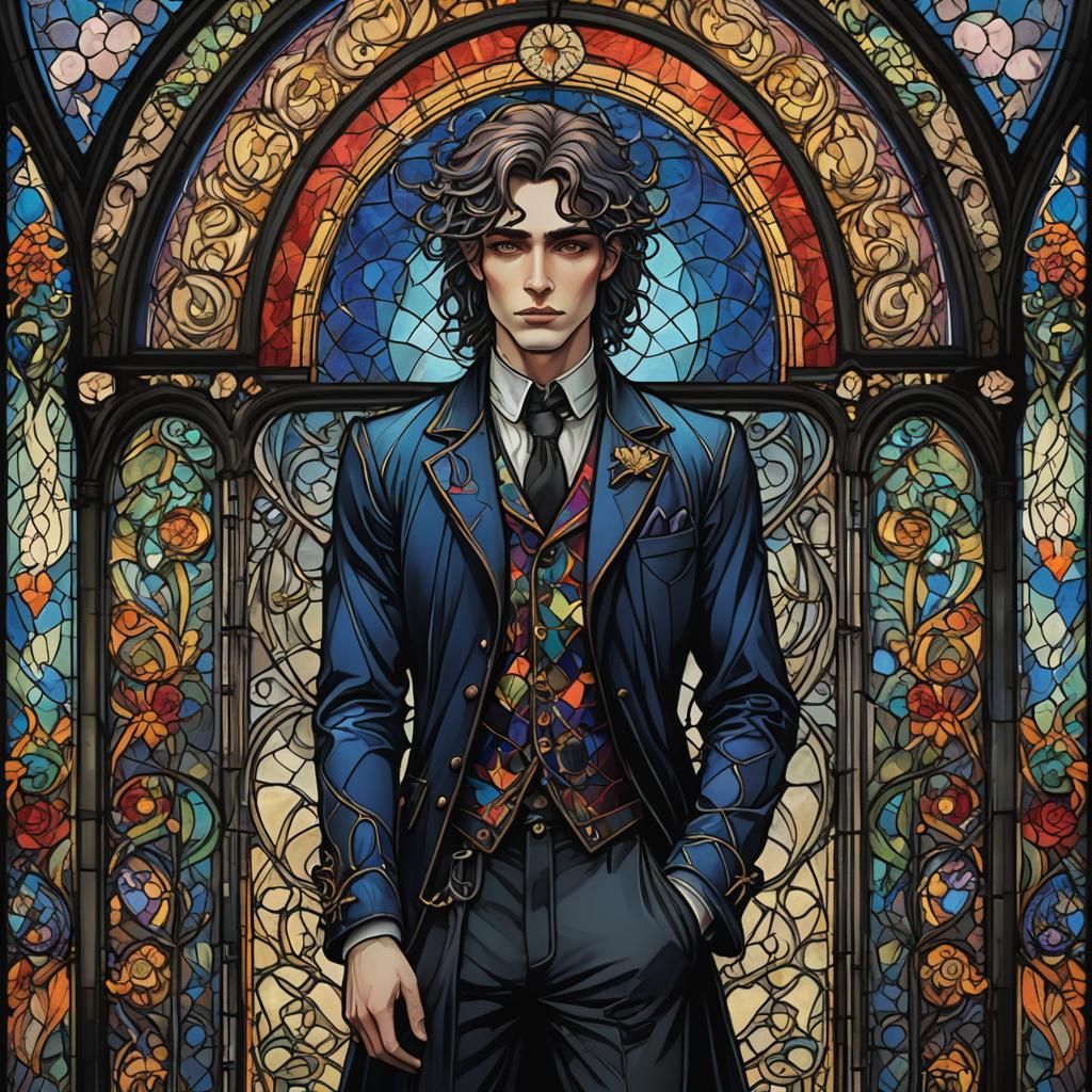 Art Nouveau Stained Glass Portrait of Charismatic Man