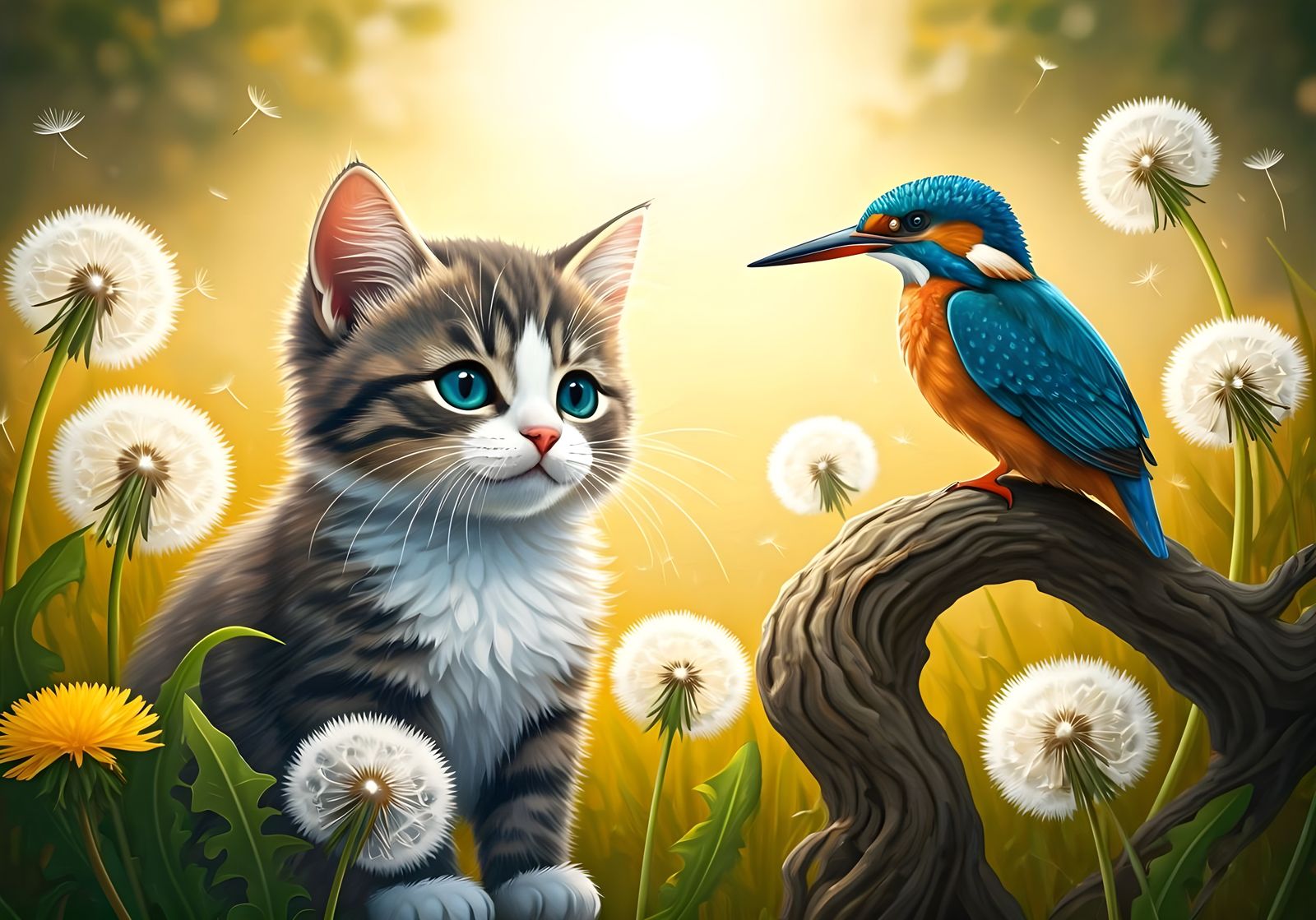 Kitten and Kingfisher in Fairytale Illustration Style