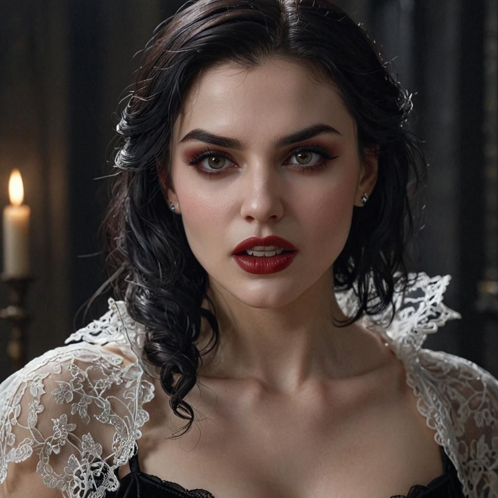 Seductive Vampire with Fangs in Dark Fantasy Style