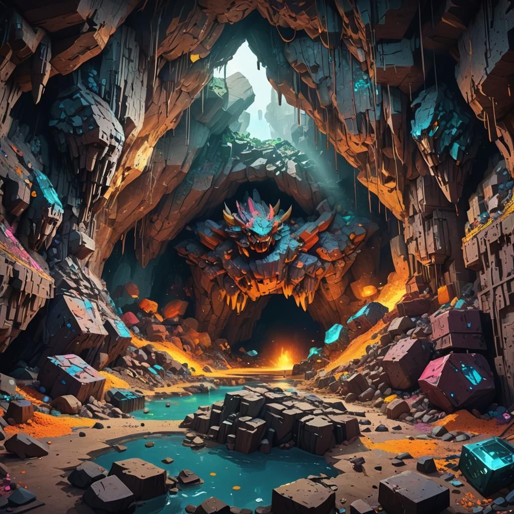 Hyperrealistic Cave with Monsters and Rare Ores