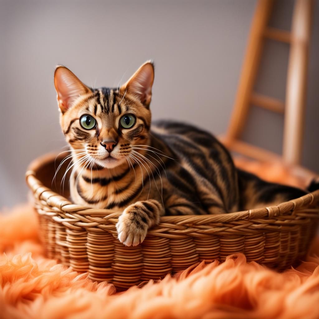 Bengal Cat Relaxing on Orange Blanket