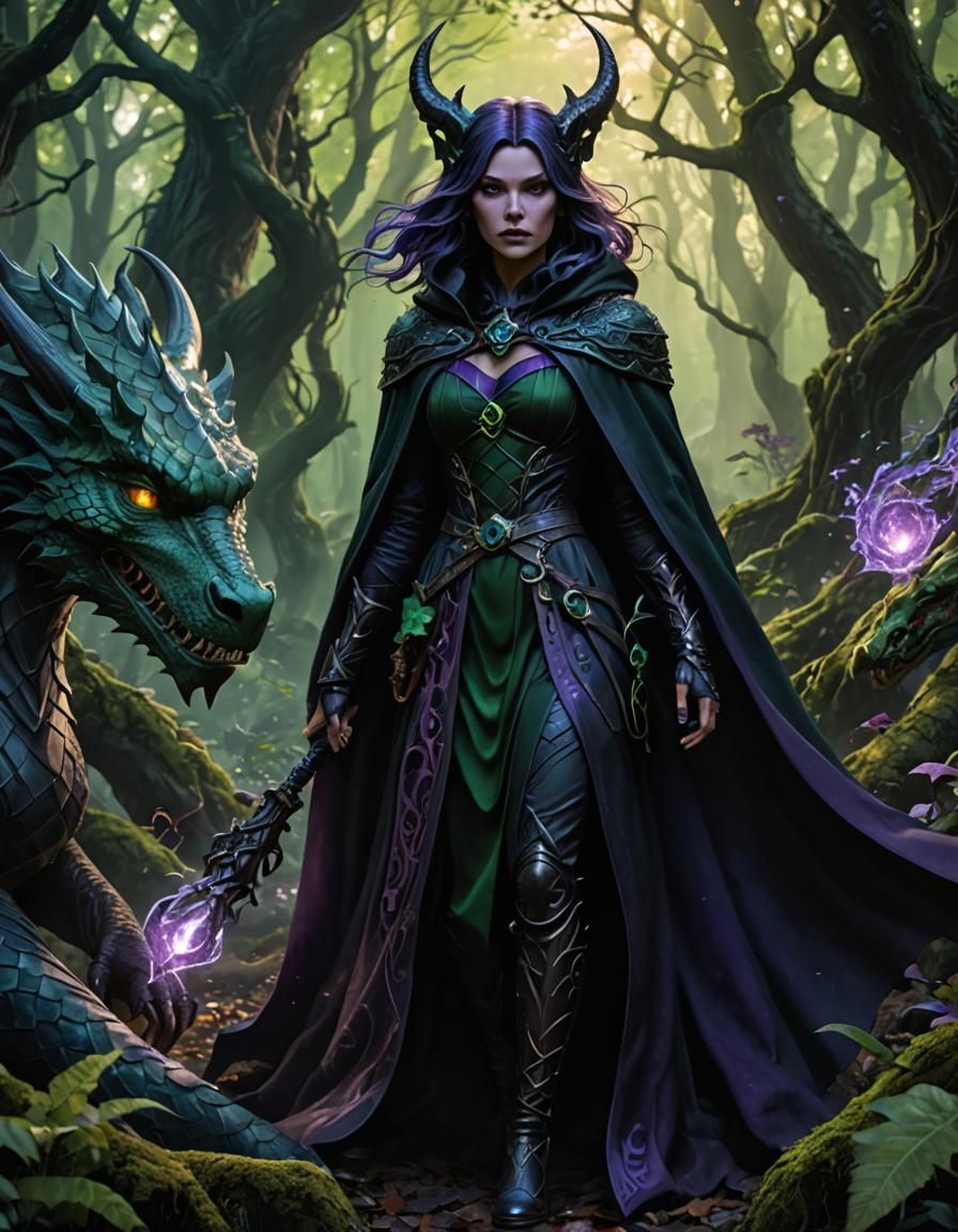 A Dark Witch, big cloak, fantasy forest landscape, dragon in...