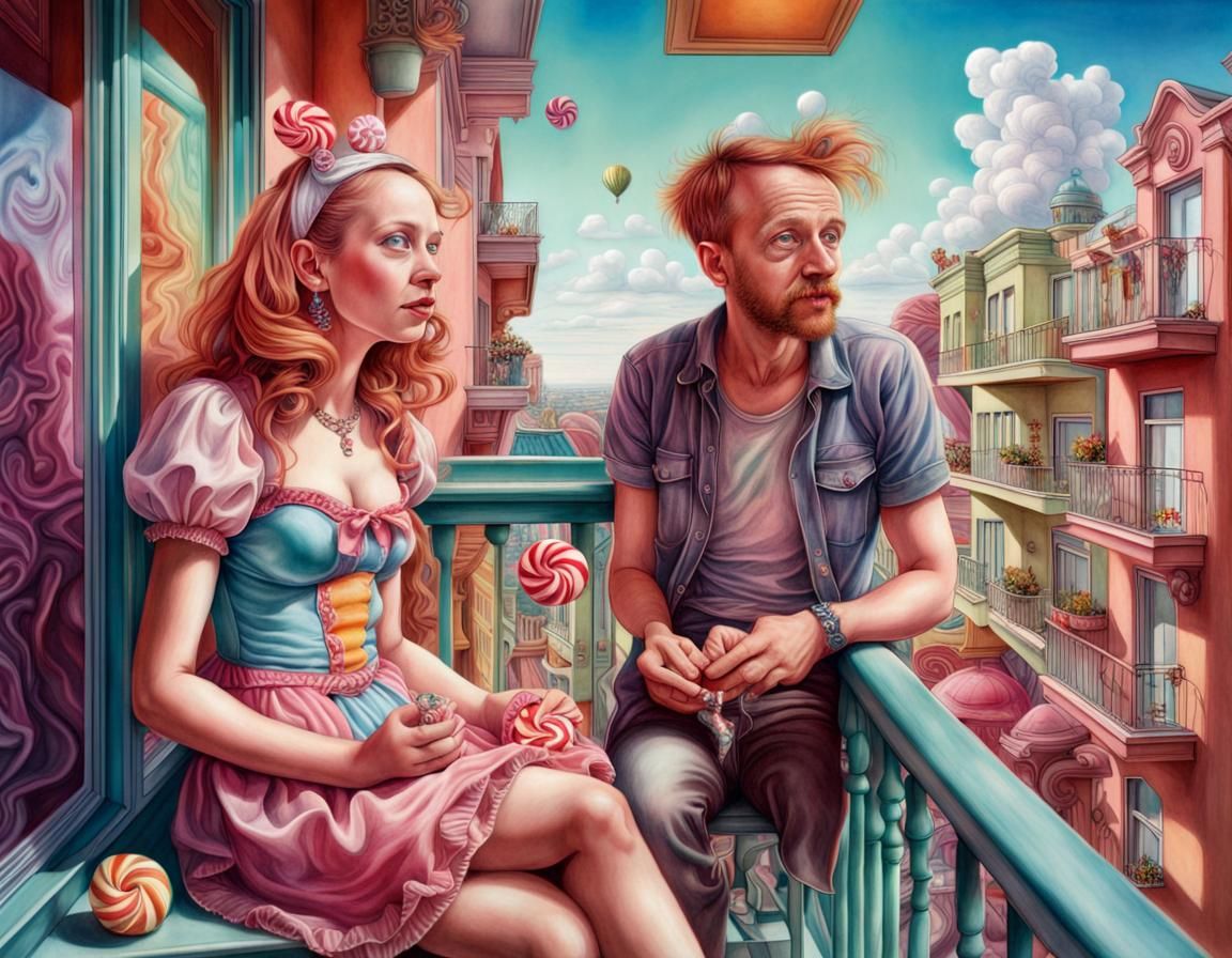 Couple on Balcony in Whimsical Candy Art Style