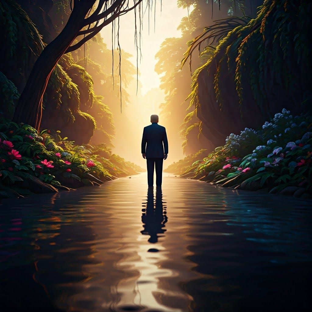 Trump and Biden: River Reflection in Mystical Landscape