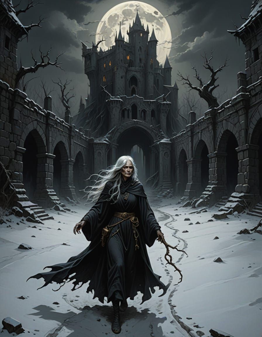 Elderly Witch Marches Through Ruined Castle