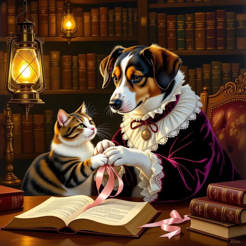 Dog Tying Ribbon on Cat Paw in Beatrix Potter Style