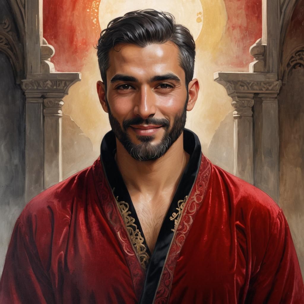 Smiling Man in Velvet Robe, Art Nouveau Portrait