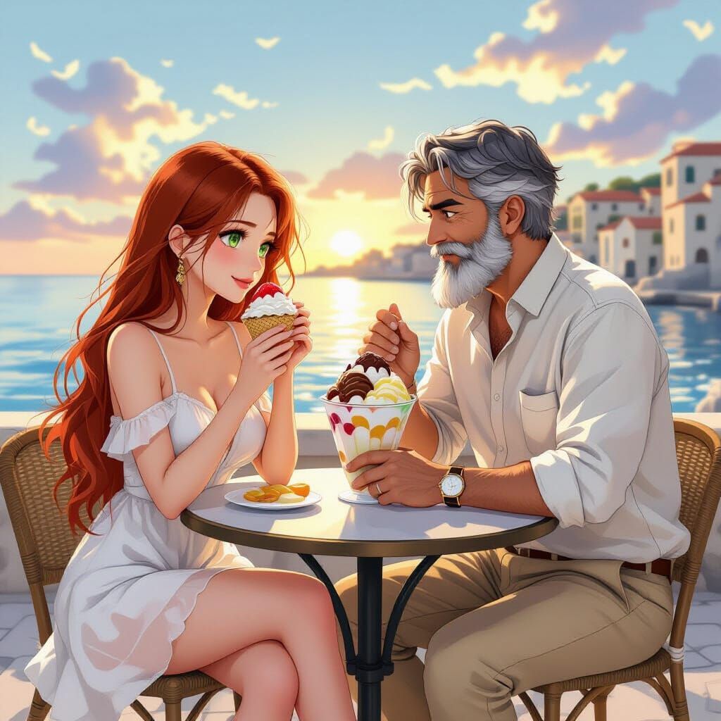 Anime-Style Couple Enjoying Italian Ice Cream by the Sea