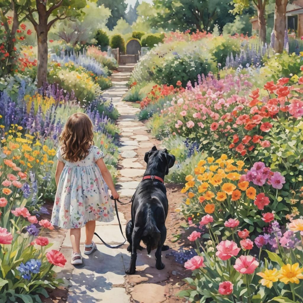 Girl Walks Dog in Whimsical Watercolor Flower Garden