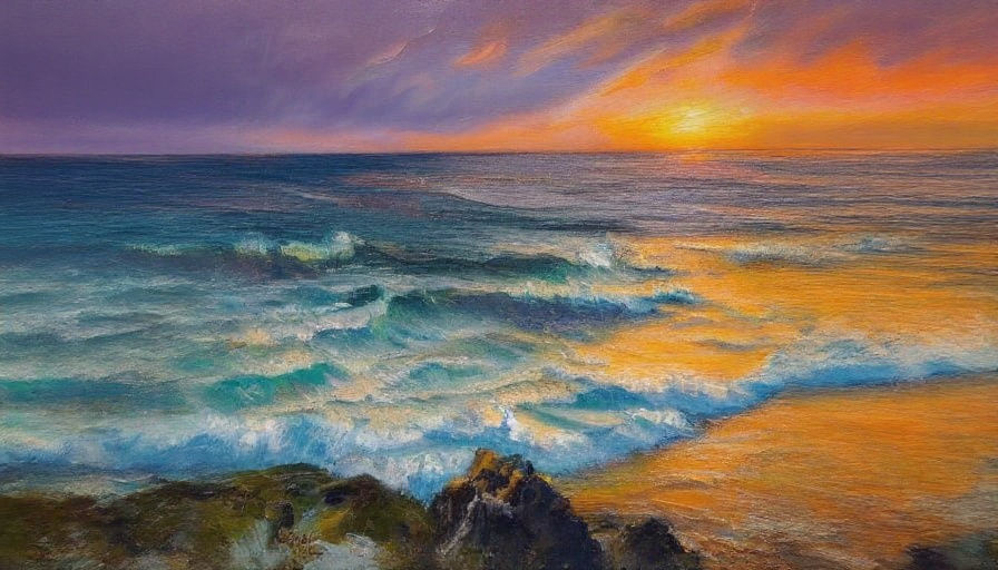 Impressionist Oil Painting of Dramatic Sunset Over Ocean Cli...