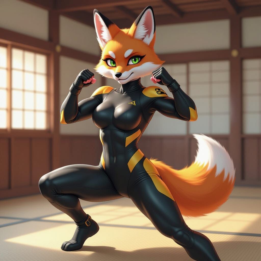 Anime Cyberpunk Fox Flexing in Karate Dojo