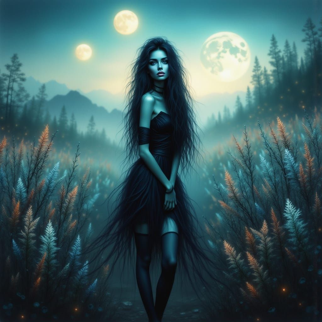 Ethereal Woman in Alien Flora Field with Twin Moons