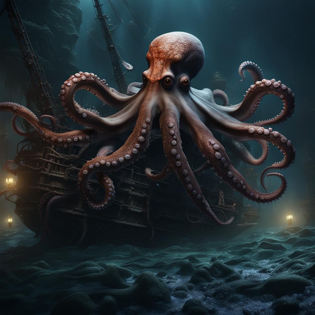 Giant Octopus Devouring Ship in Dark Ocean Depths
