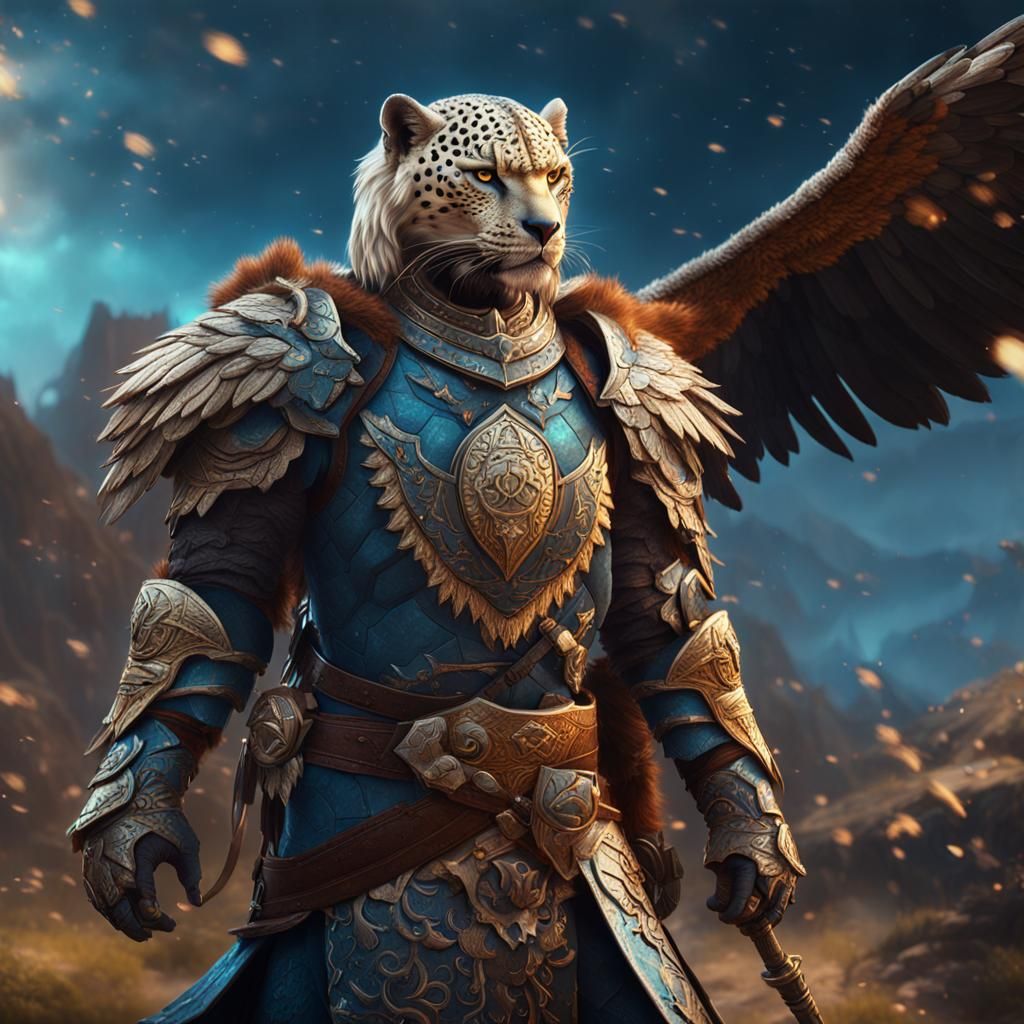Celestial Leopard-Eagle Hybrid Warrior in Fantasy Art