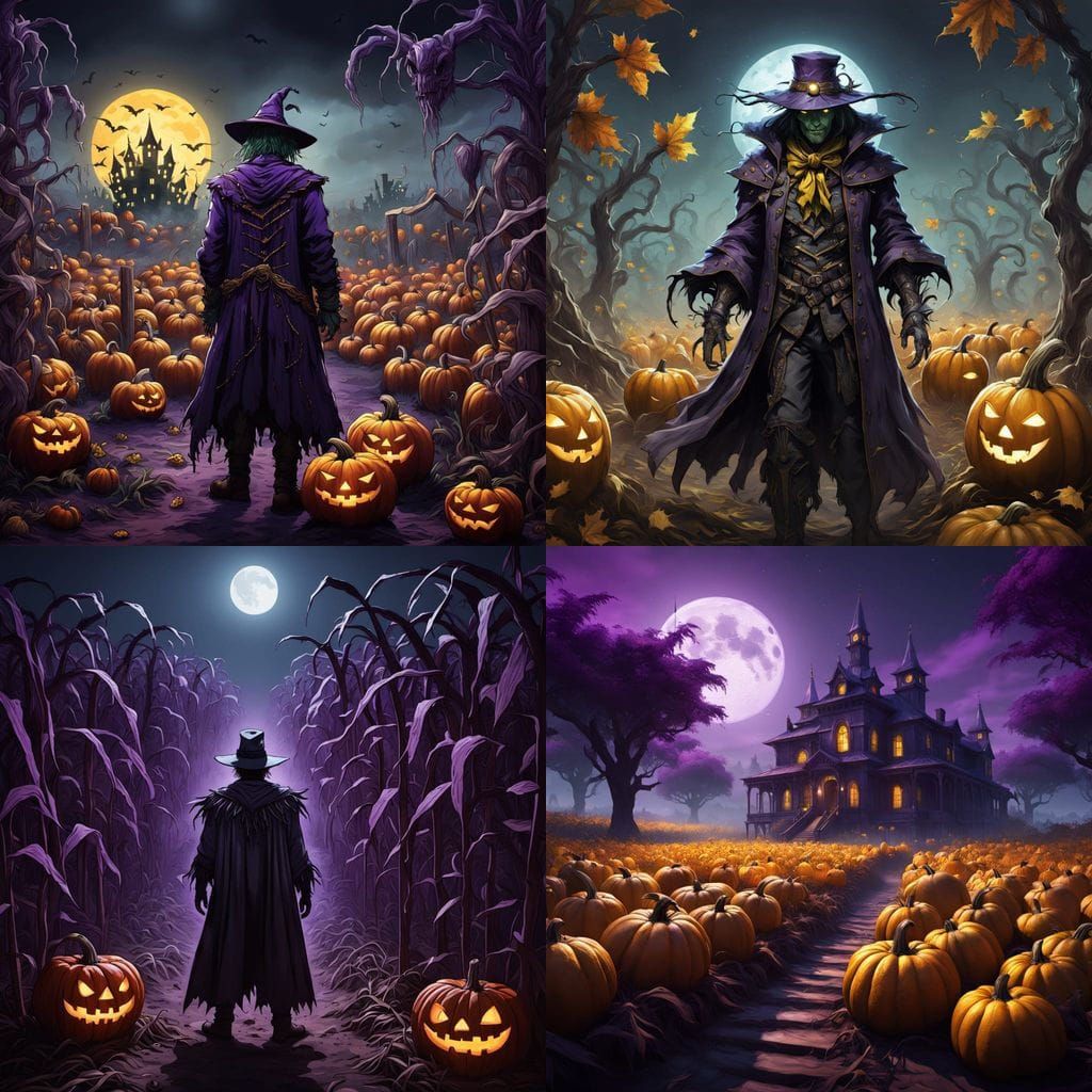 Haunted Halloween Harvest Scene with Ghostly Scarecrows