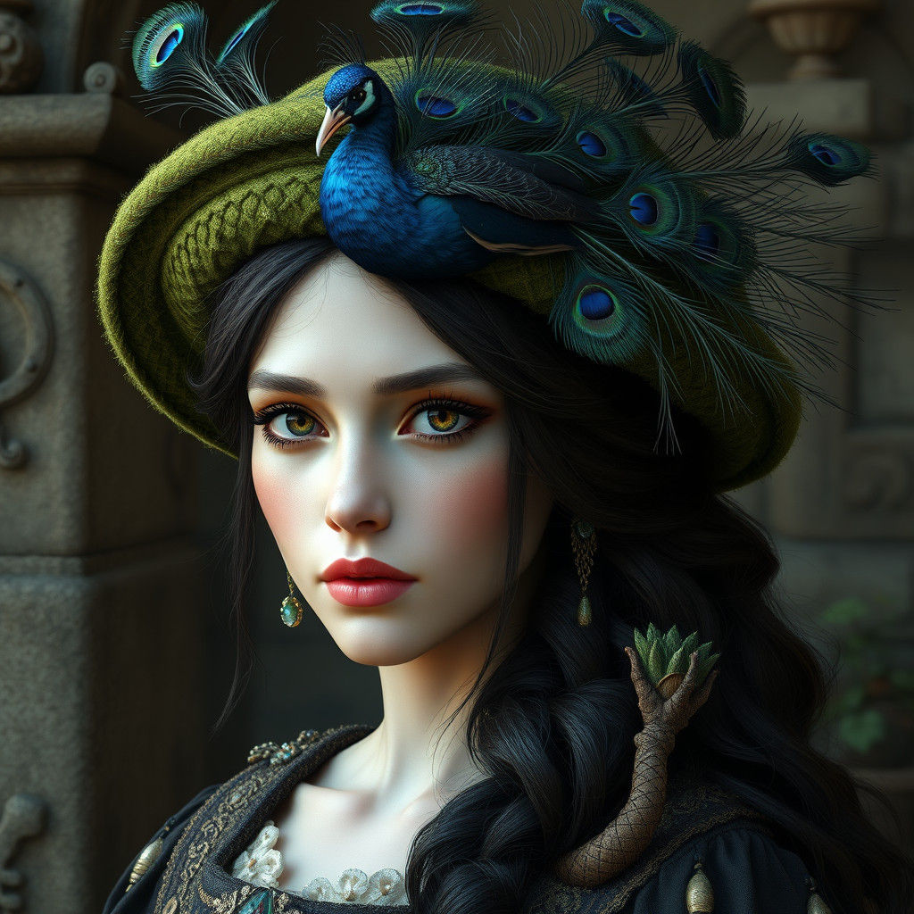 Medieval Woman with Peacock Feather Hat