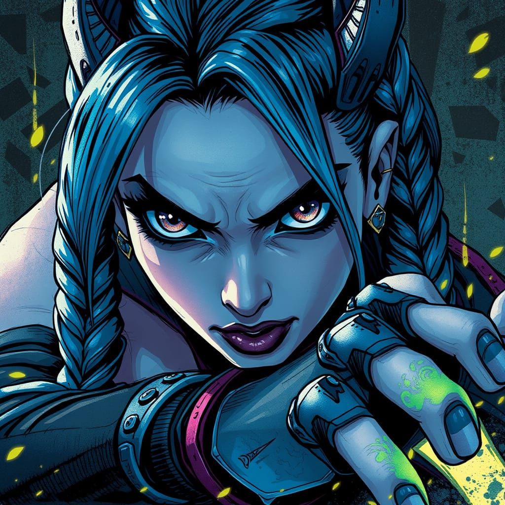 Dynamic Female Assassin with Blue Braids, Digital Art