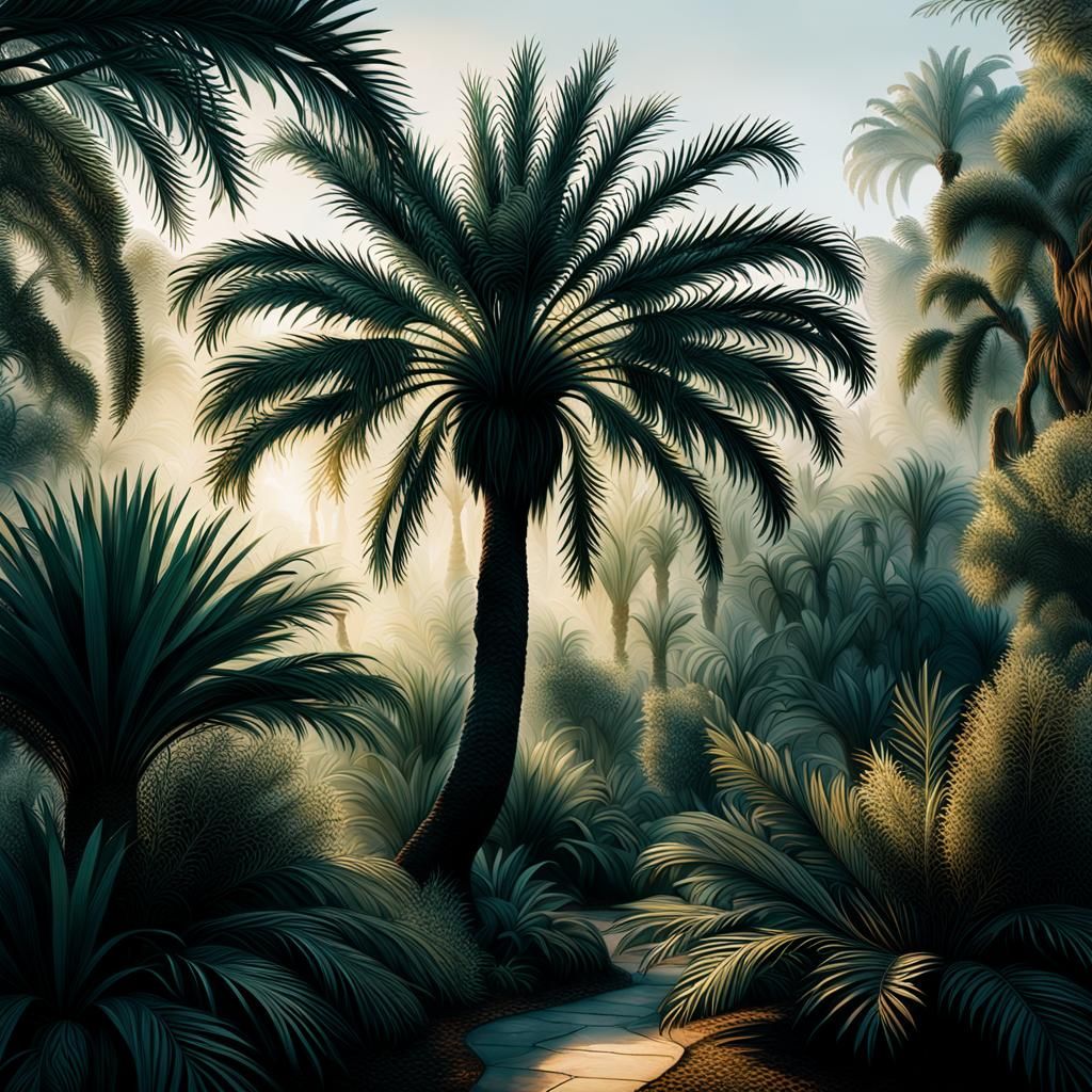 Serene Botanic Garden with Palm and Olive Tree