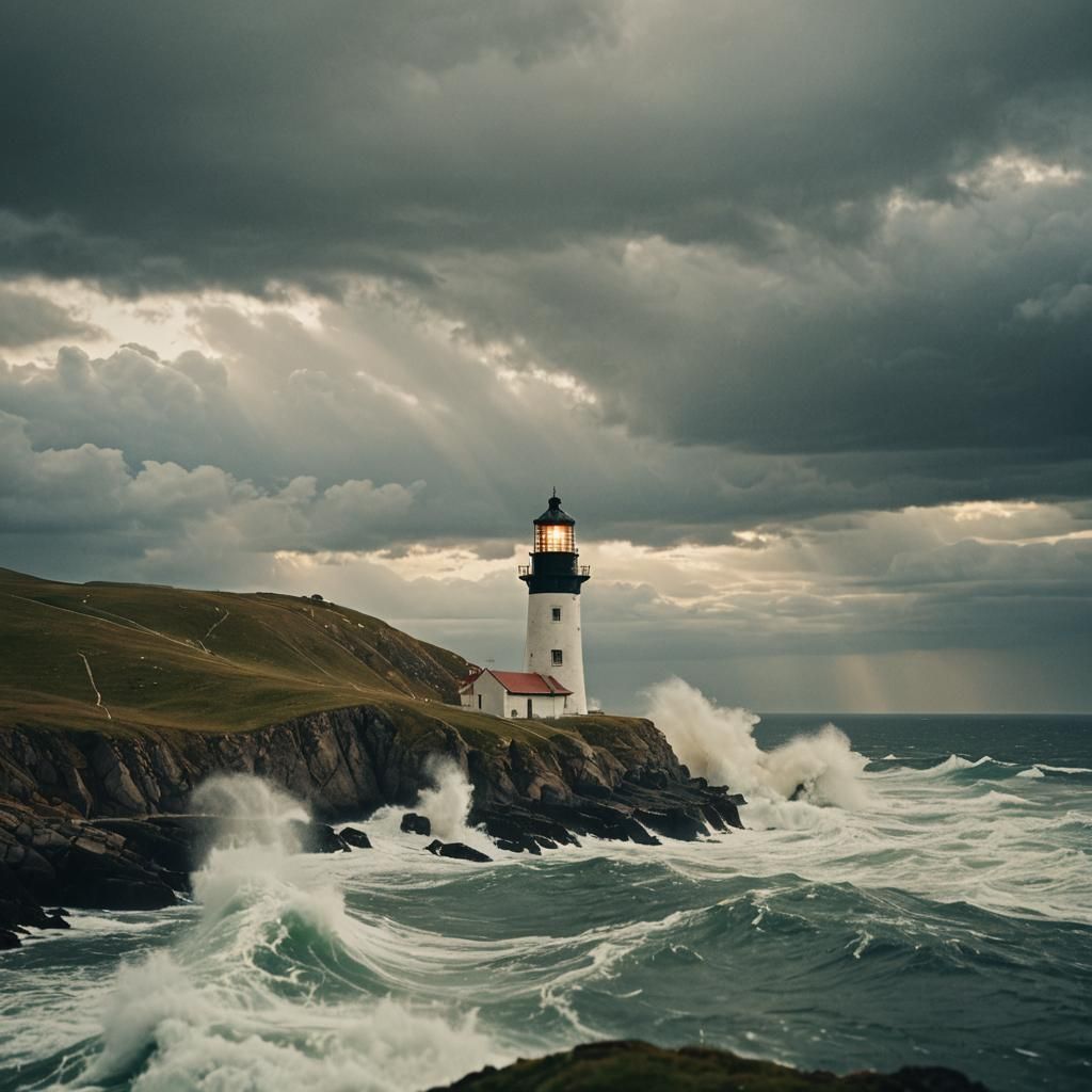 Lighthouse on Hill Overlooking Turbulent Sea