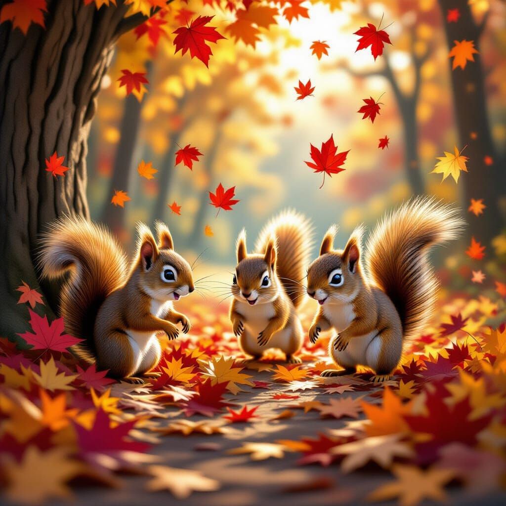 Squirrels Chase Through Autumn Leaves in Storybook Style