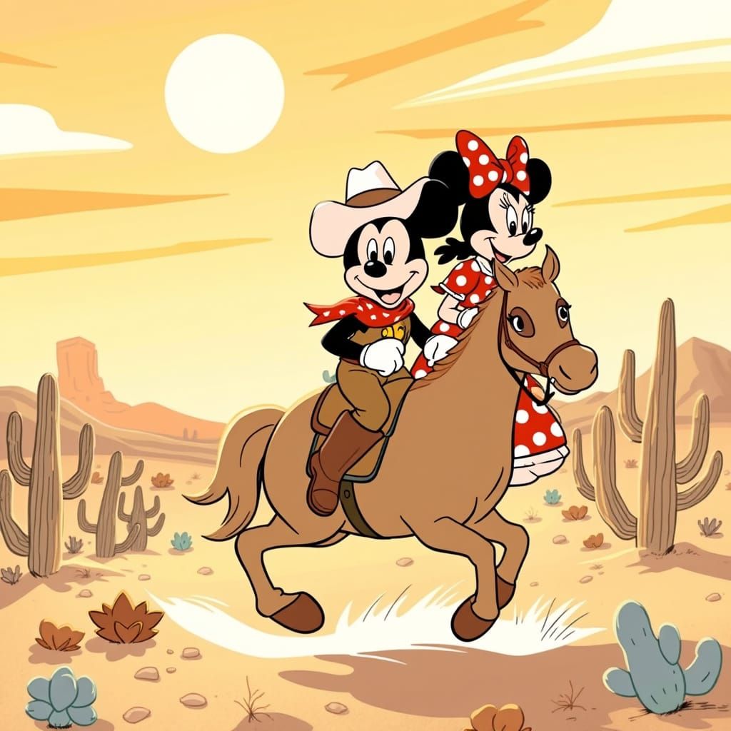 Vintage Cartoon Mickey Mouse Rides Horse in the Wild West