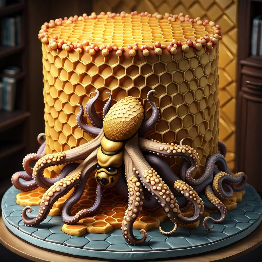 Hyperrealistic Cake Resembling Bee Honeycomb and Octopus