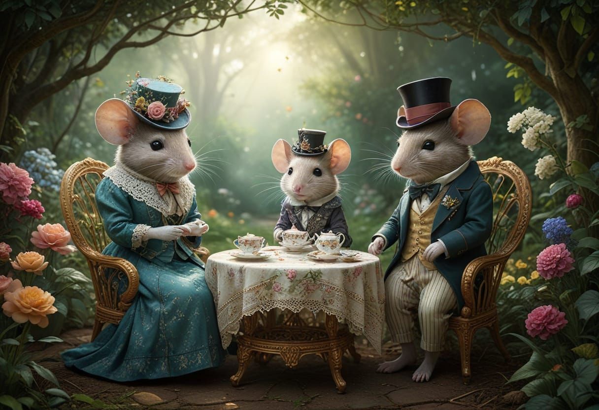 Whimsical Victorian Mice Enjoy a Tea Party in a Lush English...