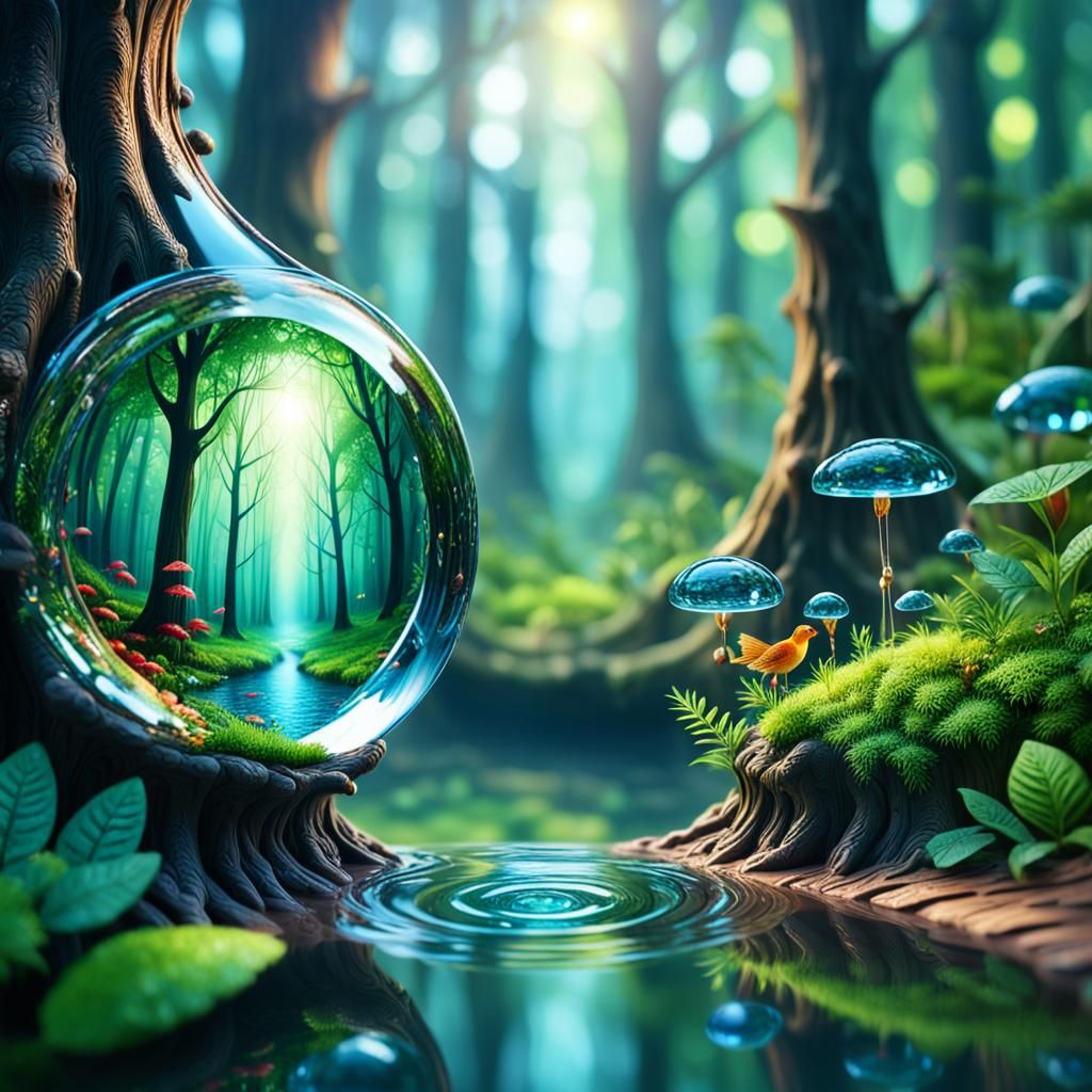 Colorful Magical Forest Kingdom in Water Droplet