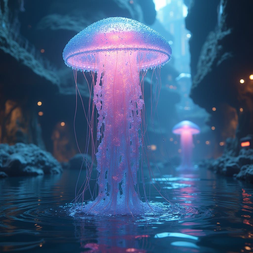 Bioluminescent Jellyfish in Futuristic Underwater City
