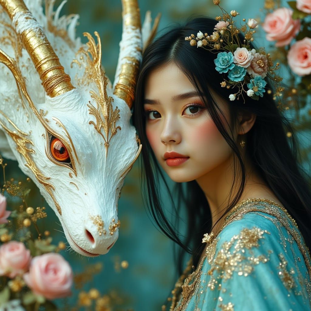 Woman with Dragon, Floral Adornments, and Jewelry