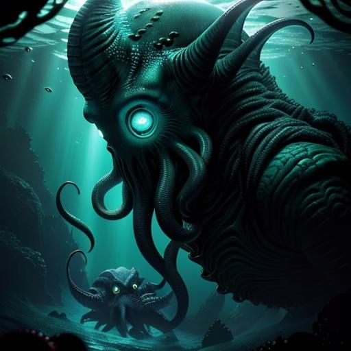 Bioluminescent Deep-Sea Monster in Lovecraftian Horror Style