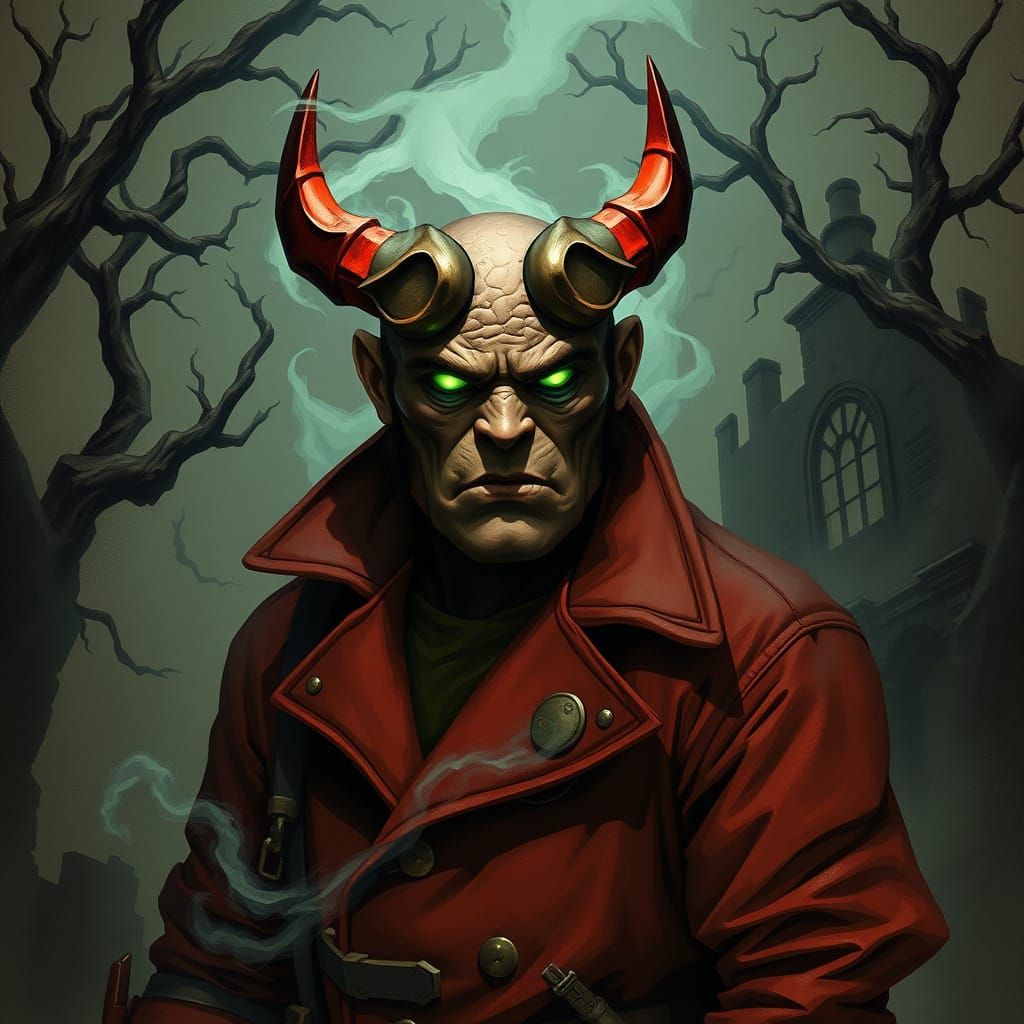 Hellboy in Muted, Earthy Tones, Surrounded by Eerie Fog and ...