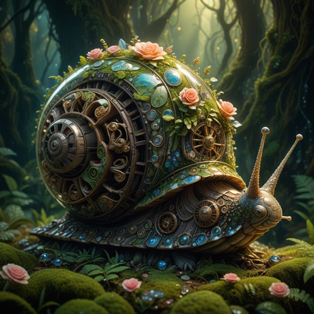 Ornate Snail with Ancient Waterwheel, Detailed Macro